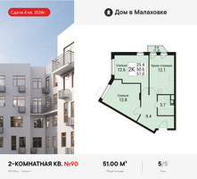 Планировка двухкомнатной(квартира) площадью 51 квадратных метров в “ЖК Дом в Малаховке”