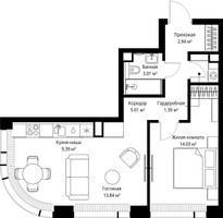 Планировка однокомнатной(квартира) площадью 49.51 квадратных метров в “ЖК Веер”