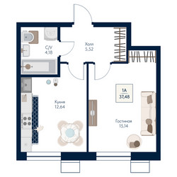 Планировка однокомнатной(квартира) площадью 37.48 квадратных метров в ЖК “ЖК Бархат”