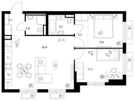 Планировка двухкомнатной(квартира) площадью 58.5 квадратных метров в “ЖК Середневский лес”