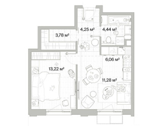Планировка однокомнатной(квартира) площадью 43.03 квадратных метров в ЖК “Архитектурный проект Мыс”