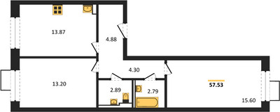 Планировка двухкомнатной(квартира) площадью 57.53 квадратных метров в ЖК “ЖК Квартал Сабурово”