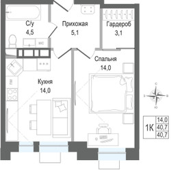 Планировка однокомнатной(квартира) площадью 40.7 квадратных метров в ЖК “ЖК КИНОКВАРТАЛ”