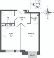 Планировка однокомнатной(квартира) площадью 37.8 квадратных метров в “ЖК КИНОКВАРТАЛ”