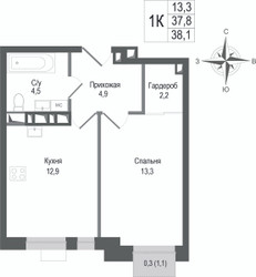 Планировка однокомнатной(квартира) площадью 37.8 квадратных метров в ЖК “ЖК КИНОКВАРТАЛ”