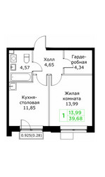 Планировка однокомнатной(квартира) площадью 39.68 квадратных метров в ЖК “ЖК КИТ 2”