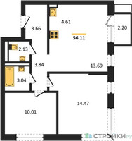Планировка двухкомнатной(квартира) площадью 56.11 квадратных метров в “ЖК Прибрежный Парк”