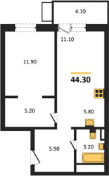 Планировка однокомнатной(квартира) площадью 44.3 квадратных метров в ЖК “ЖК Союзный”