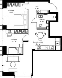 Планировка двухкомнатной(квартира) площадью 62.1 квадратных метров в ЖК “ЖК Веер”