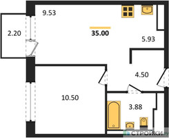 Планировка однокомнатной(квартира) площадью 35 квадратных метров в “ЖК Пятницкие луга”