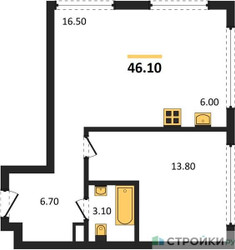 Планировка однокомнатной(квартира) площадью 46.1 квадратных метров в ЖК “ЖК НАЗАРÉ (Мангазея в Богородском)”