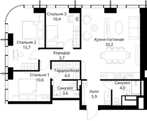 Планировка трехкомнатной(квартира) площадью 91.1 квадратных метров в ЖК “ЖК Сити Бэй”