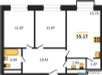 Планировка двухкомнатной(квартира) площадью 55.17 квадратных метров в “ЖК Квартал Румянцево (МелиСад)”