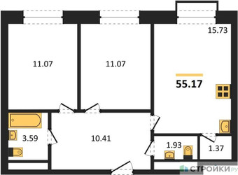 Планировка двухкомнатной(квартира) площадью 55.17 квадратных метров в ЖК “ЖК Квартал Румянцево (МелиСад)”