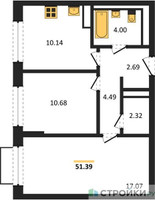 Планировка двухкомнатной(квартира) площадью 51.39 квадратных метров в “ЖК Томилино Парк”