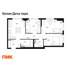 Планировка трехкомнатной(квартира) площадью 67.5 квадратных метров в ЖК “ЖК Белая Дача парк”