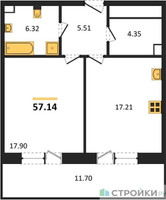 Планировка однокомнатной(квартира) площадью 57.4 квадратных метров в “Квартал Foriver”