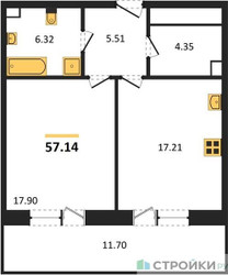 Планировка однокомнатной(квартира) площадью 57.4 квадратных метров в ЖК “Квартал Foriver”