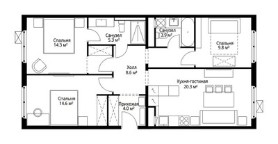 Планировка трехкомнатной(квартира) площадью 80.8 квадратных метров в ЖК “ЖК Эко Видное 2.0”