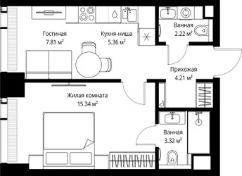 Планировка однокомнатной(квартира) площадью 38.26 квадратных метров в ЖК “ЖК Веер”