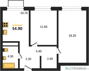Планировка двухкомнатной(квартира) площадью 54.9 квадратных метров в ЖК “ЖК Шагал”