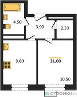 Планировка однокомнатной(квартира) площадью 31 квадратных метров в “ЖК ЭкоБунино (Южное Бунино)”
