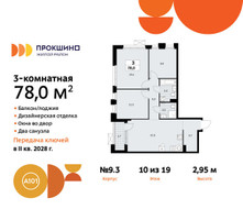 Планировка трехкомнатной(квартира) площадью 78 квадратных метров в “ЖК Прокшино”