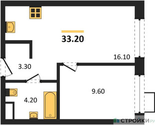 Планировка однокомнатной(квартира) площадью 33.2 квадратных метров в ЖК “ЖК Форевиль”