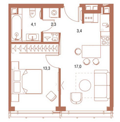 Планировка однокомнатной(квартира) площадью 40.5 квадратных метров в ЖК “ЖК Симфония 34”