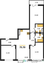 Планировка трехкомнатной(квартира) площадью 75.7 квадратных метров в ЖК “Деснаречье”