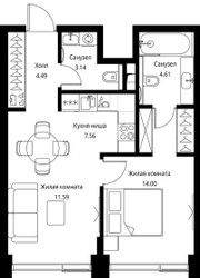 Планировка однокомнатной(квартира) площадью 45.39 квадратных метров в ЖК “ЖК Сити Бэй”