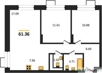 Планировка двухкомнатной(квартира) площадью 61.8 квадратных метров в ЖК “ЖК Новоград Павлино”