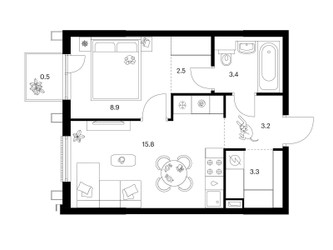 Планировка однокомнатной(квартира) площадью 37.6 квадратных метров в ЖК “ЖК Москворечье”