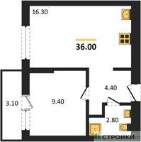 Планировка однокомнатной(квартира) площадью 36 квадратных метров в “ЖК Первый квартал”