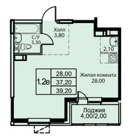 Планировка однокомнатной(апартаменты) площадью 39.2 квадратных метров в “ЖК Кашинцево”