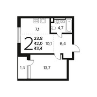Планировка двухкомнатной(квартира) площадью 43.4 квадратных метров в “Новые Ватутинки. Заречный”