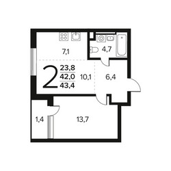 Планировка двухкомнатной(квартира) площадью 43.4 квадратных метров в ЖК “Новые Ватутинки. Заречный”
