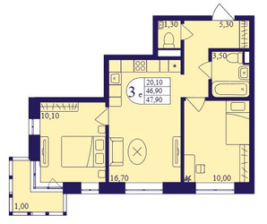 Планировка трехкомнатной(квартира) площадью 47.9 квадратных метров в ЖК “ЖК Героев”