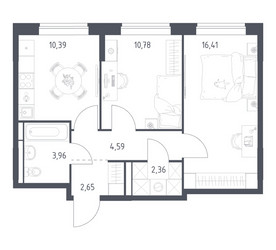 Планировка двухкомнатной(квартира) площадью 51.14 квадратных метров в ЖК “ЖК Богдановский Лес”