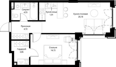 Планировка однокомнатной(квартира) площадью 49.37 квадратных метров в ЖК “ЖК Сити Бэй”