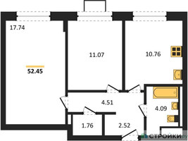 Планировка двухкомнатной(квартира) площадью 52.45 квадратных метров в “ЖК Квартал Западный”