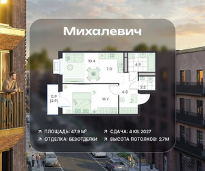 Планировка двухкомнатной(квартира) площадью 47.9 квадратных метров в ЖК “ЖК Михалевич”