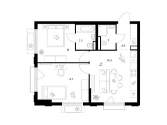 Планировка двухкомнатной(квартира) площадью 55.7 квадратных метров в ЖК “ЖК Ильинские луга”