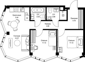 Планировка двухкомнатной(квартира) площадью 58.35 квадратных метров в “Дом премиум-класса МИРА”