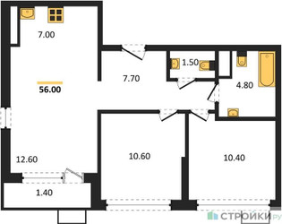 Планировка двухкомнатной(квартира) площадью 56 квадратных метров в ЖК “ЖК Южные сады”