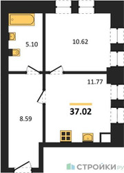 Планировка однокомнатной(квартира) площадью 37.02 квадратных метров в ЖК “ЖК Sezar City (Сезар Сити)”