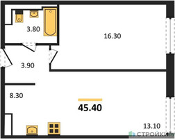 Планировка однокомнатной(квартира) площадью 45.4 квадратных метров в “ЖК Заречье Парк”