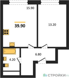 Планировка однокомнатной(квартира) площадью 39.9 квадратных метров в ЖК “ЖК Сиреневый парк”