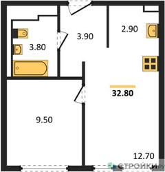 Планировка однокомнатной(квартира) площадью 32.8 квадратных метров в ЖК “ЖК Молжаниново”