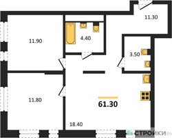 Планировка двухкомнатной(квартира) площадью 61.3 квадратных метров в “ЖК Первый Московский”